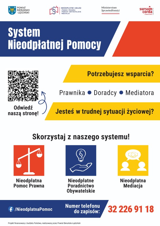 Plakat promujący korzystanie z nieodpłatnej pomocy prawnej 