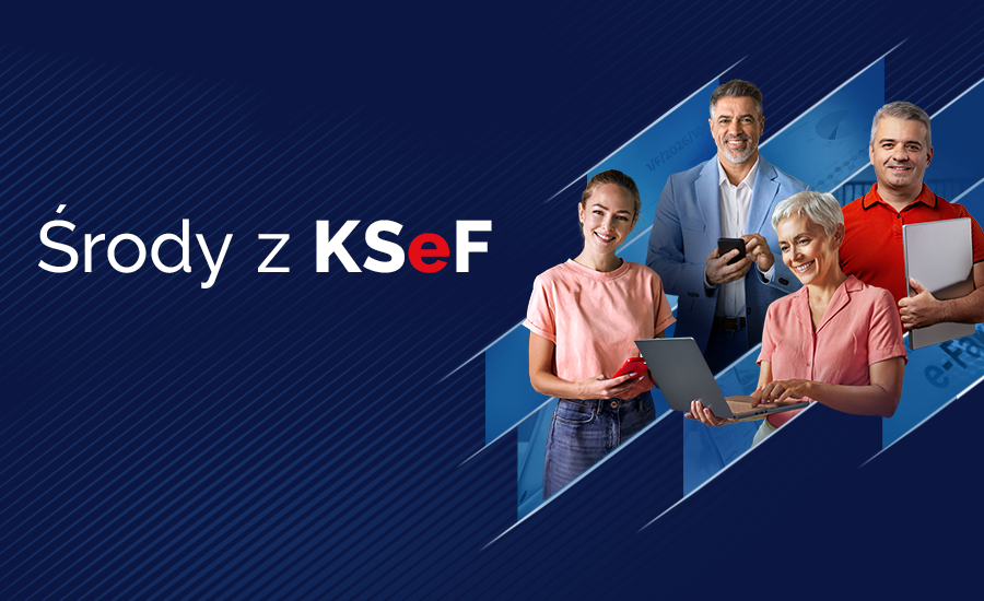 Plakat promujący KSEF. Na granatowym tle pozujące cztery osoby - dwóch mężczyzn i dwie kobiety 