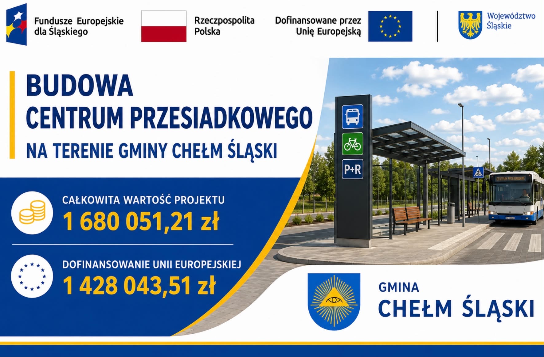 Plakat promujący inwestycję na rysunku centrum przesiadkowe, logotypy i opis