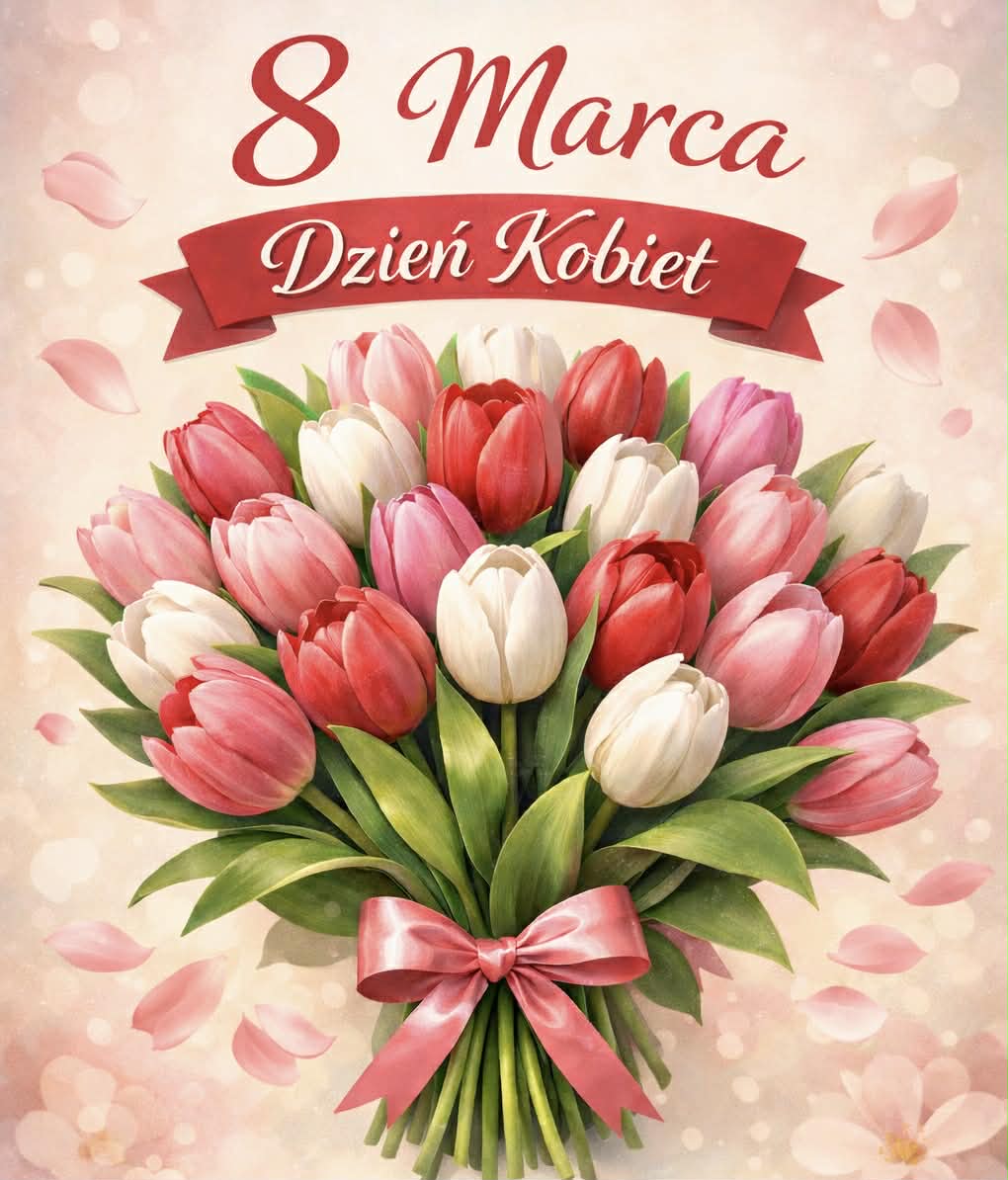 Bukiet tulipanów i napis 8 marca dzień kobiet 