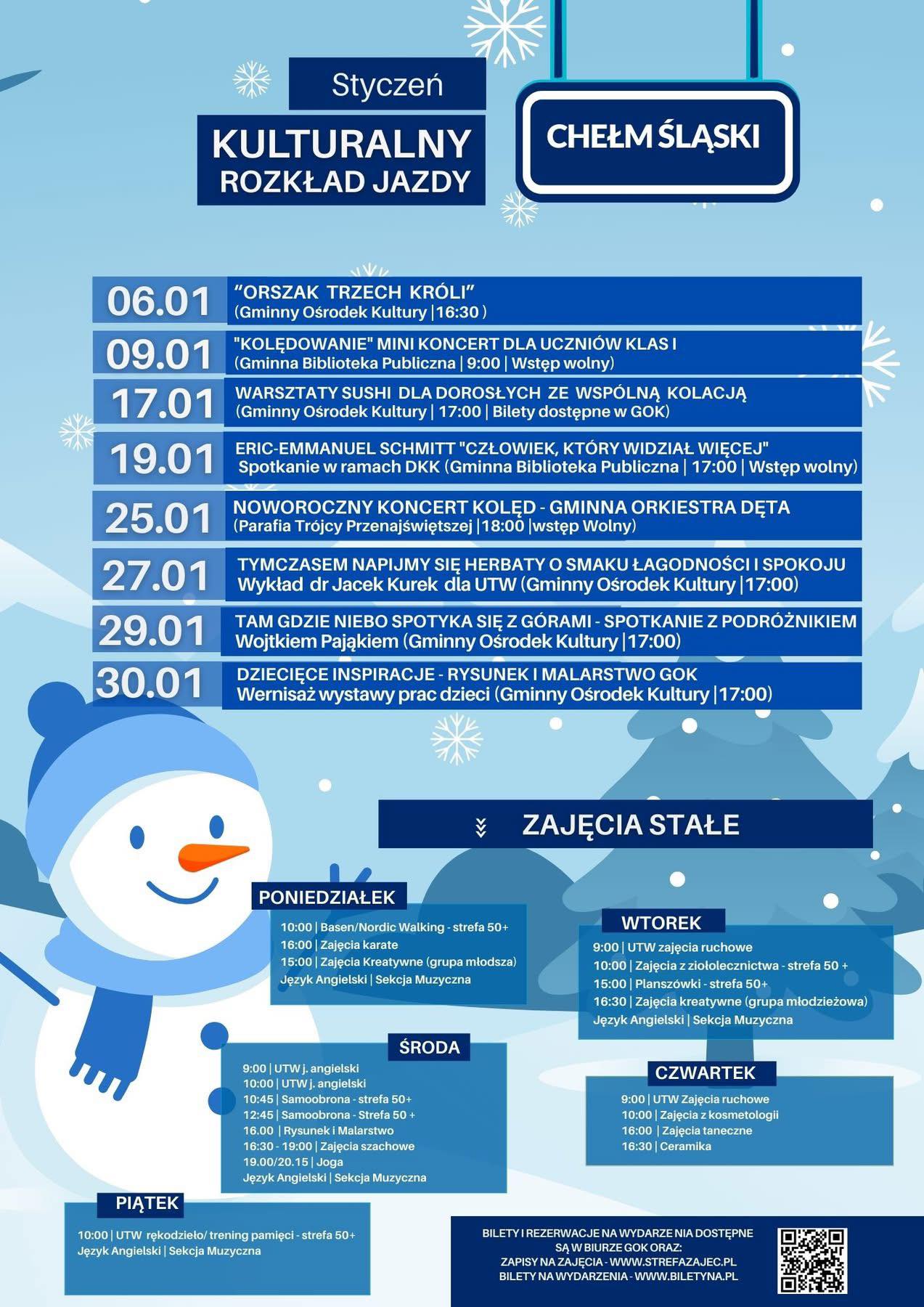 Plakat promujący wydarzenia i zajęcia w styczniu 2026 r. Plakat animacyjny z bałwankiem i choinką, śniegiem