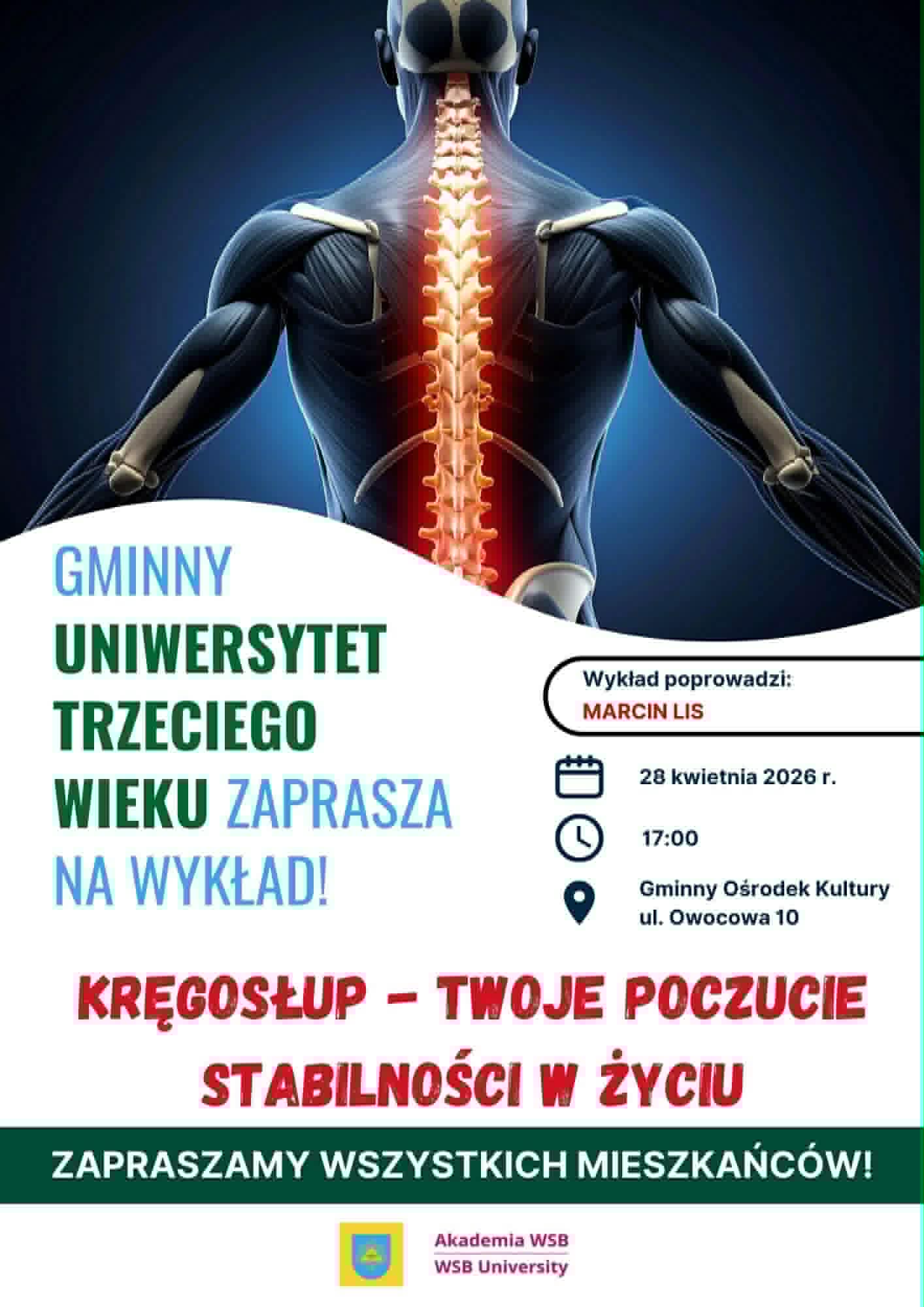 Plakat promujacy wykład UTW - Zdjęcie kręgosłupa i opis posta 