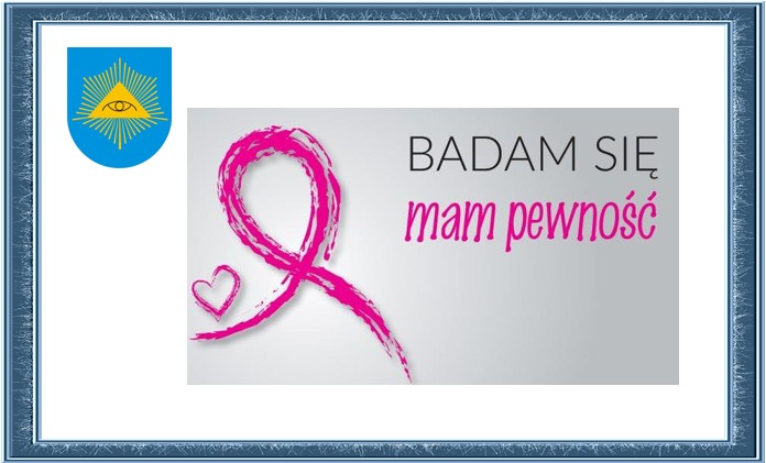 Badam się mam pewność. Plakat informacyjny, na nim różowe serce i wstążeczka a także herb gminy. 