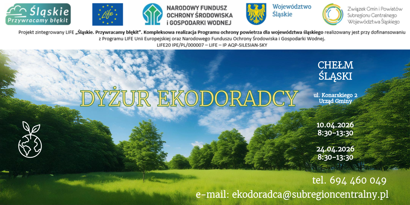 Plakat promujący dyżur na zdjeciu informacje zawarte w tekście i piekna zielona łąka 