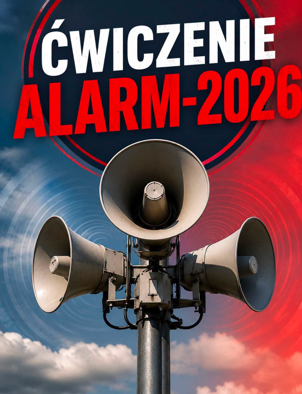 Plakat promujacy wydarzenie. Na zdjeciu syreny alarmowe. 