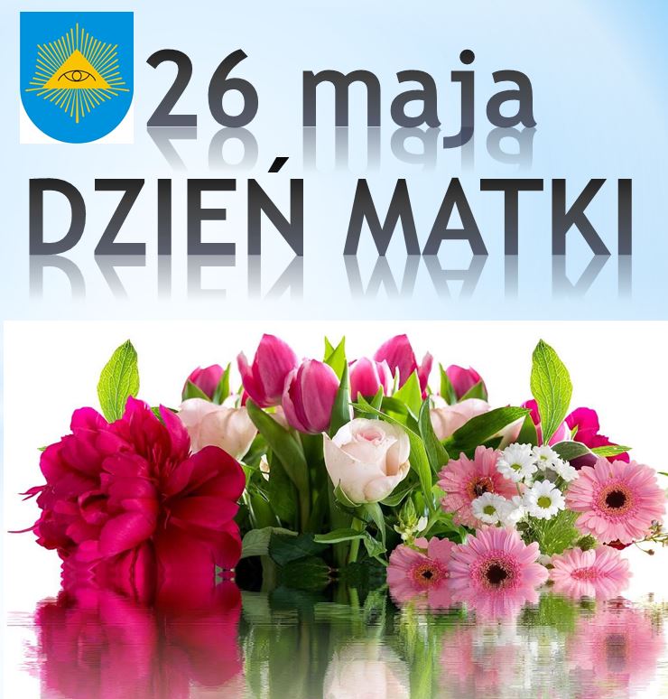 Bukiet kwiatów, napis i herb gminy 