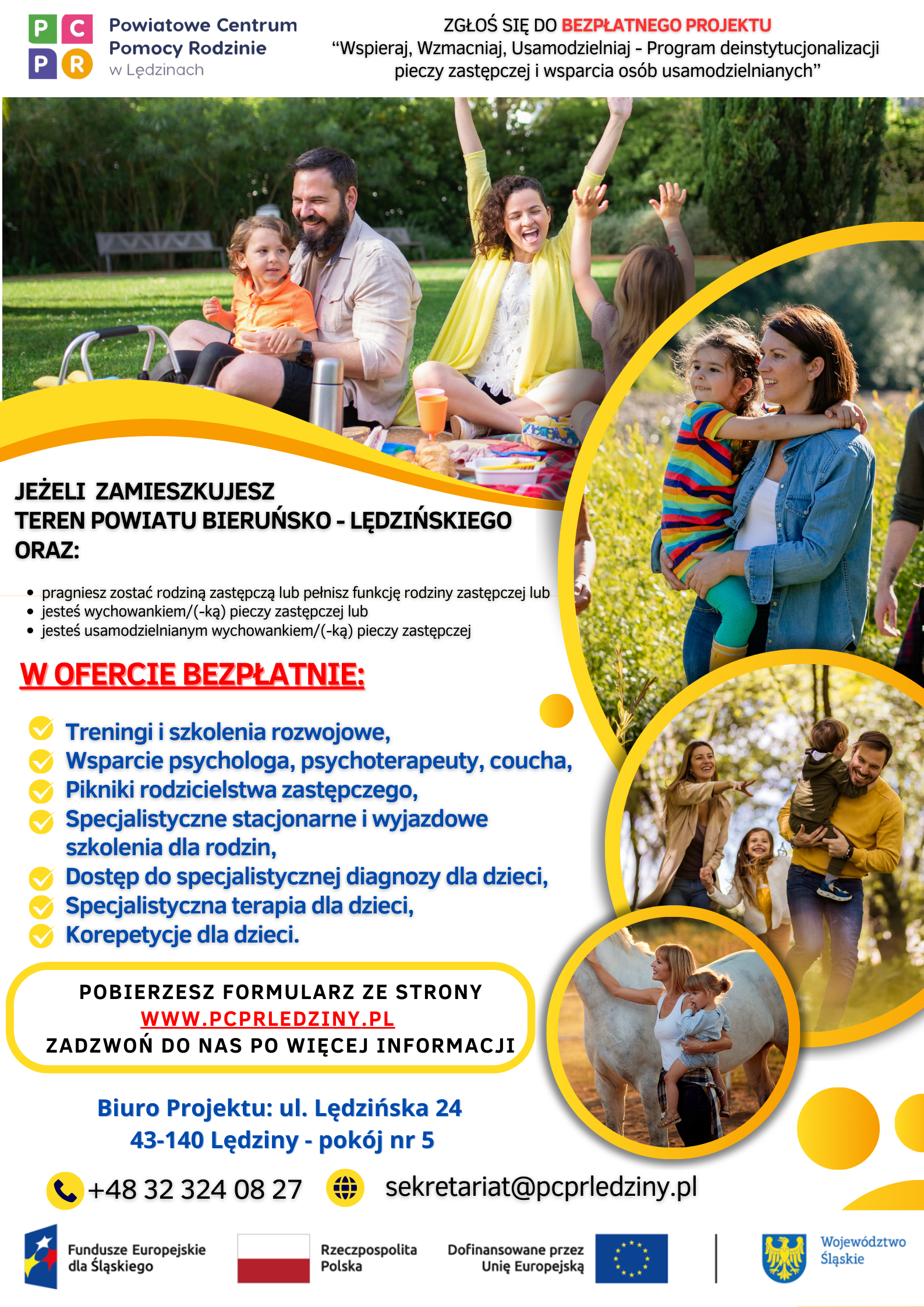 Plakat promujący działania PCPR w Lędzinach. Opis w poście. Na plakacie radosna, szczęśliwa rodzina. 