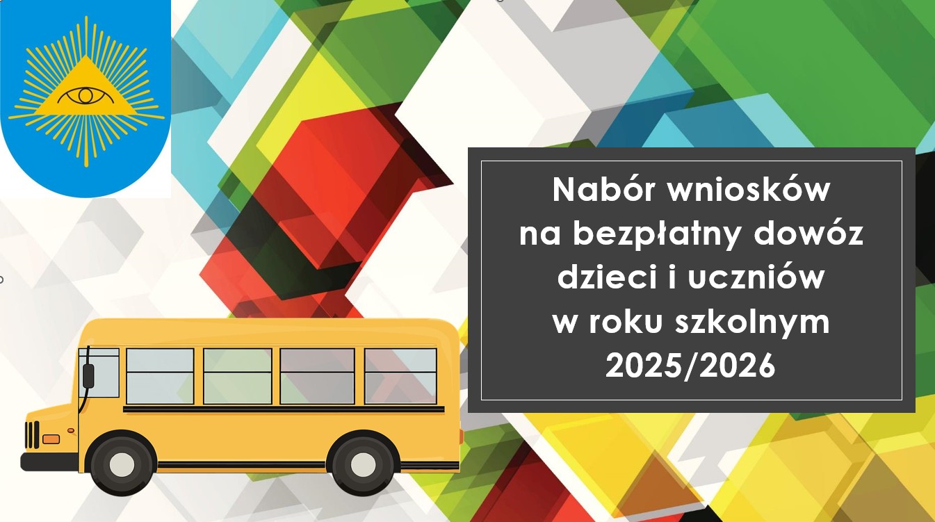 Plakat animacyjny -autobus, herb gminy i napis 