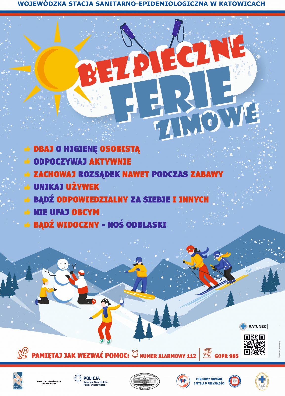 Kolorowy plakat animacyjny. Na zdjęciu osniezony stok, narciarze i słońce na niebie. Opis pod plakatem 