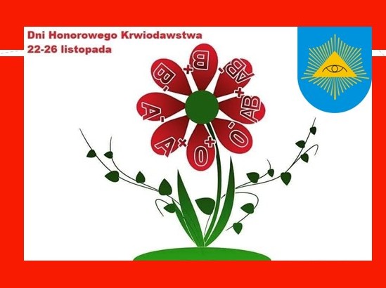 Plakat promujący dni Honorowego Krwiodawstwa - kwiat z płatkami poszczególnych grup krwi. 