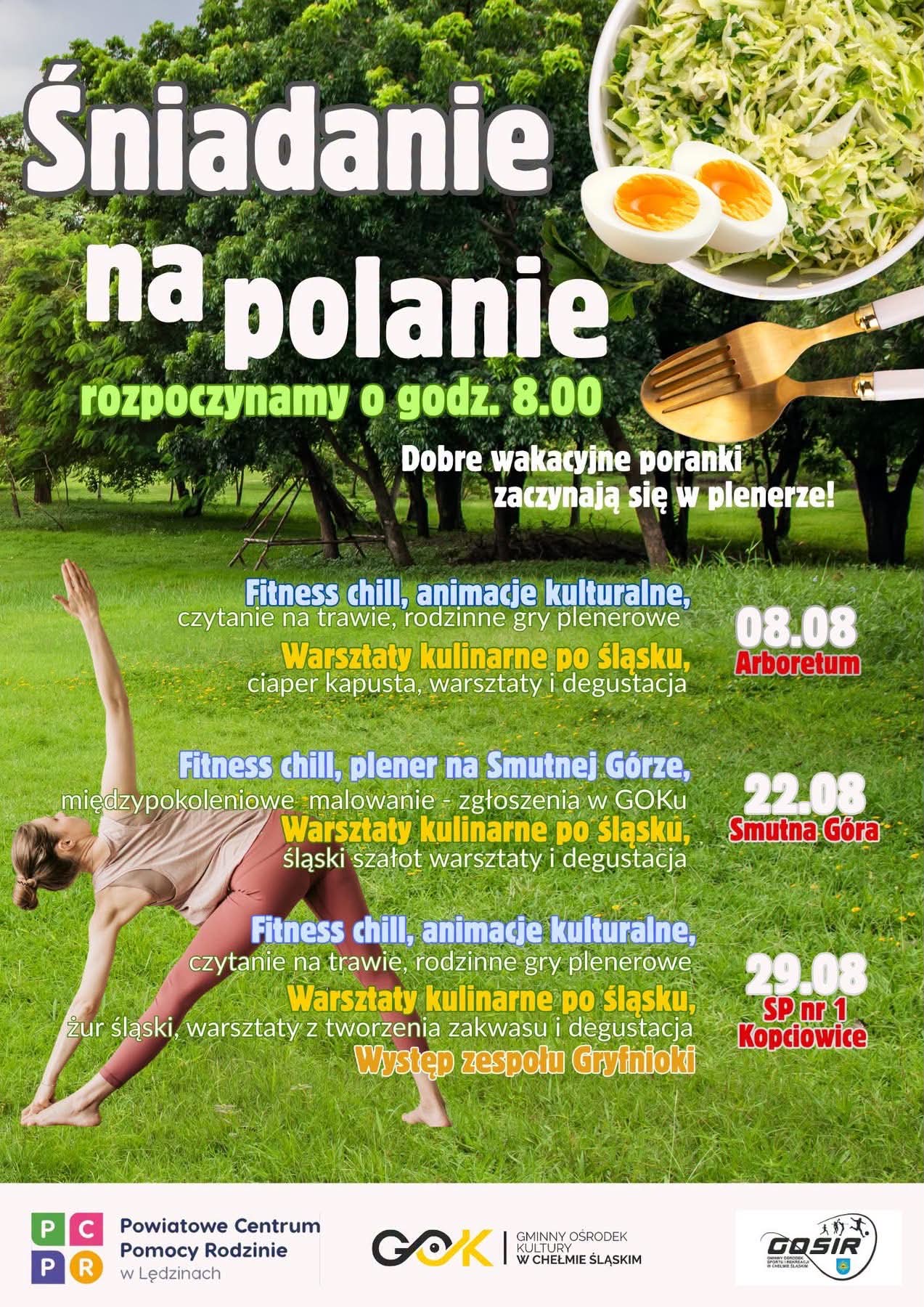 Plakat promujący wydarzenie. W tle łąka, drzewa i ćwicząca osoba