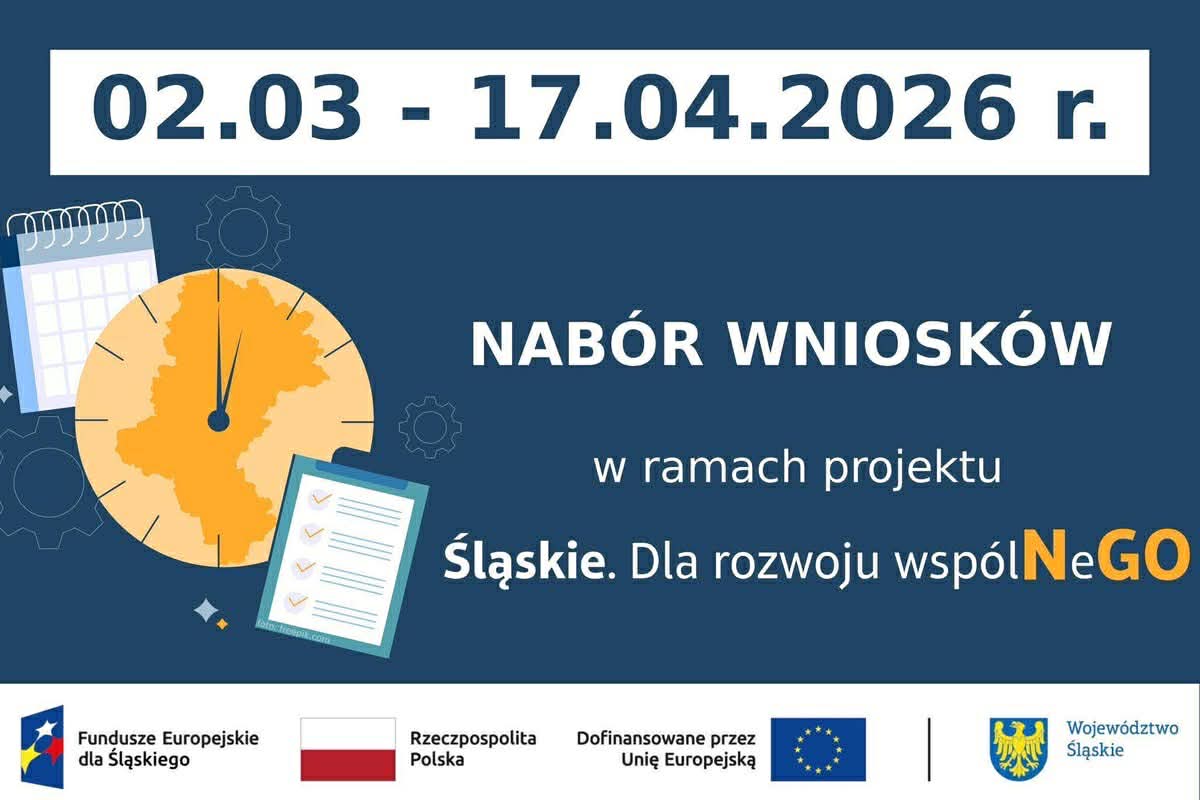 Plakat promujący nabór wnioskó. Na plakacie informacje zawarte w poście, zegar, notatnik i logotypy unijne. 
