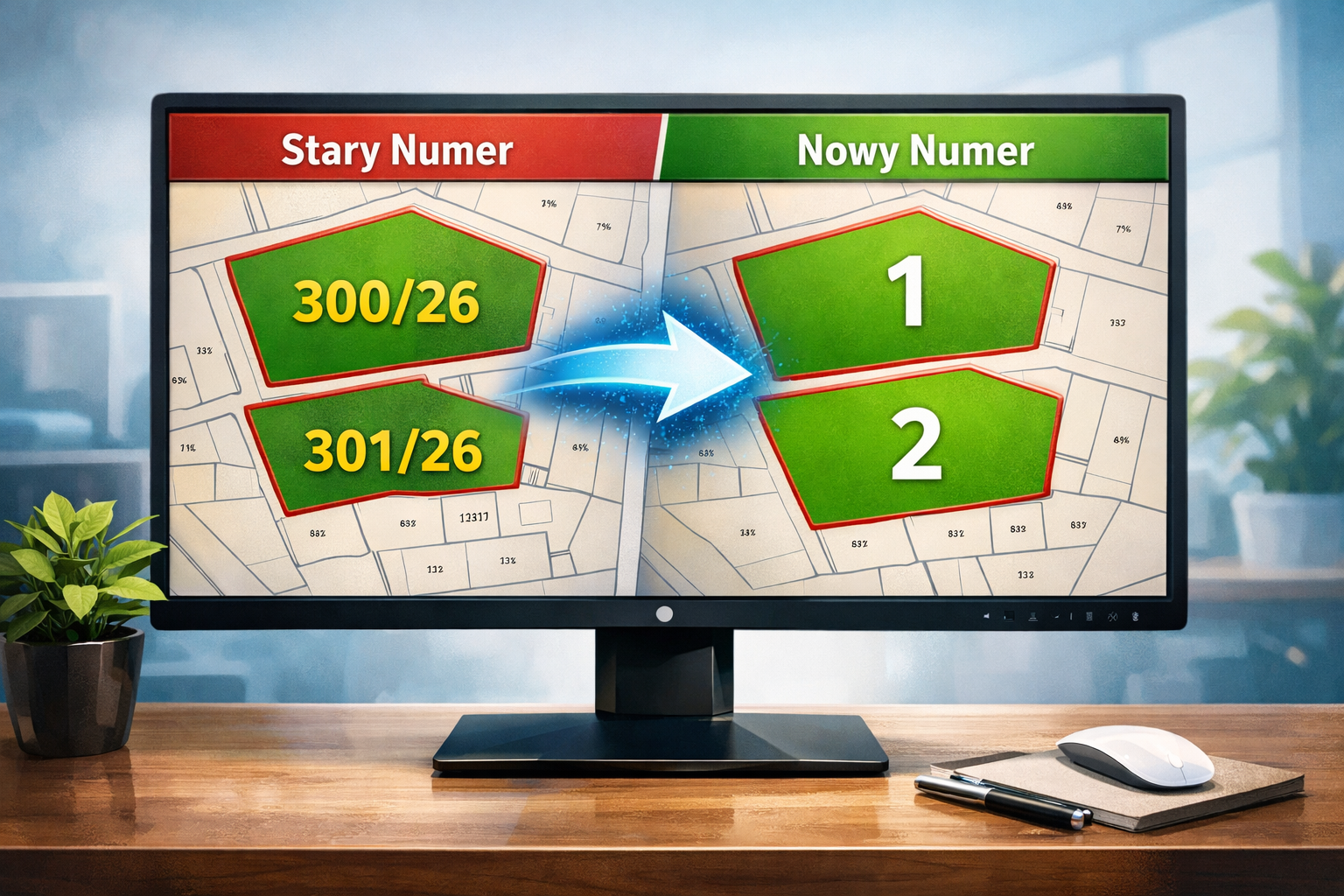 Grafika przedstawiająca symulację zmiany numerów działek, na grafice monitor w pomieszczeniu biurowym, na ekranie mapa ewidencji gruntów i budynków