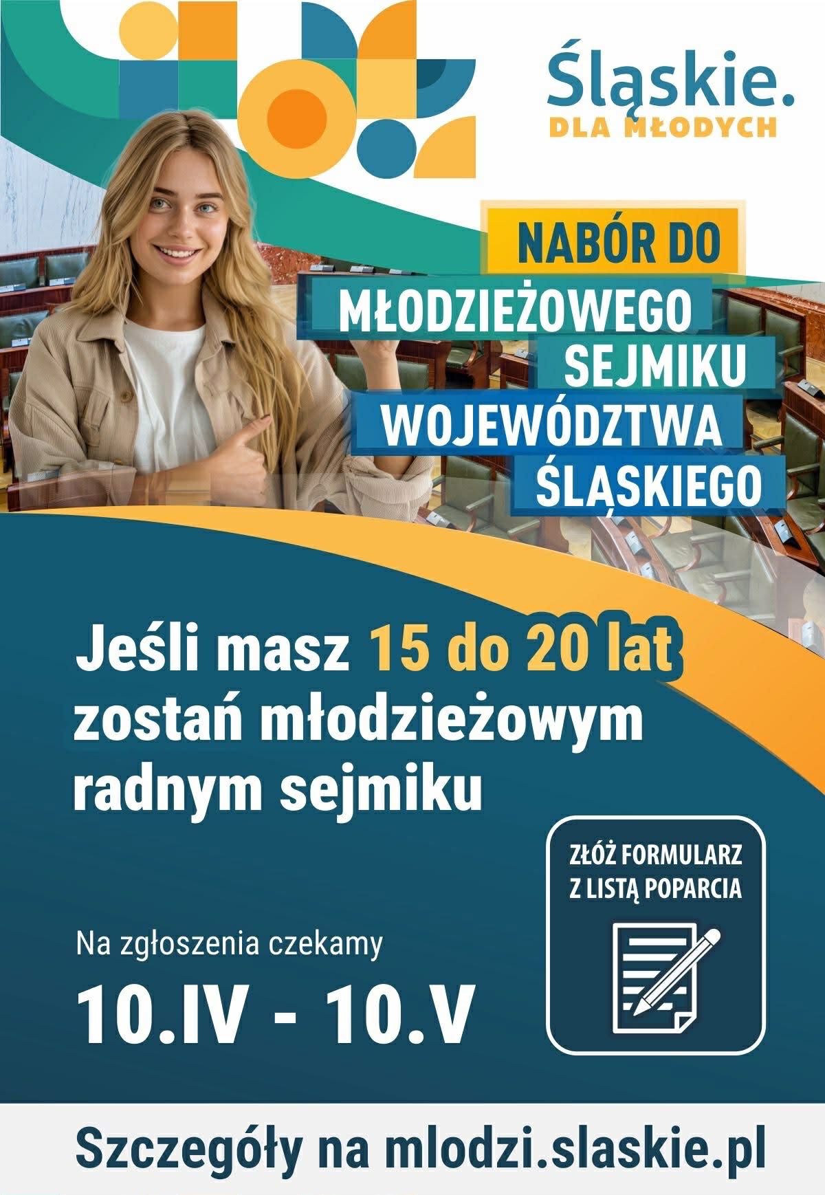 Plakat promujący nabór do rady młodzieżowej. Na zdjeciu młoda dziewczyna i opis. Informacja w poście. 