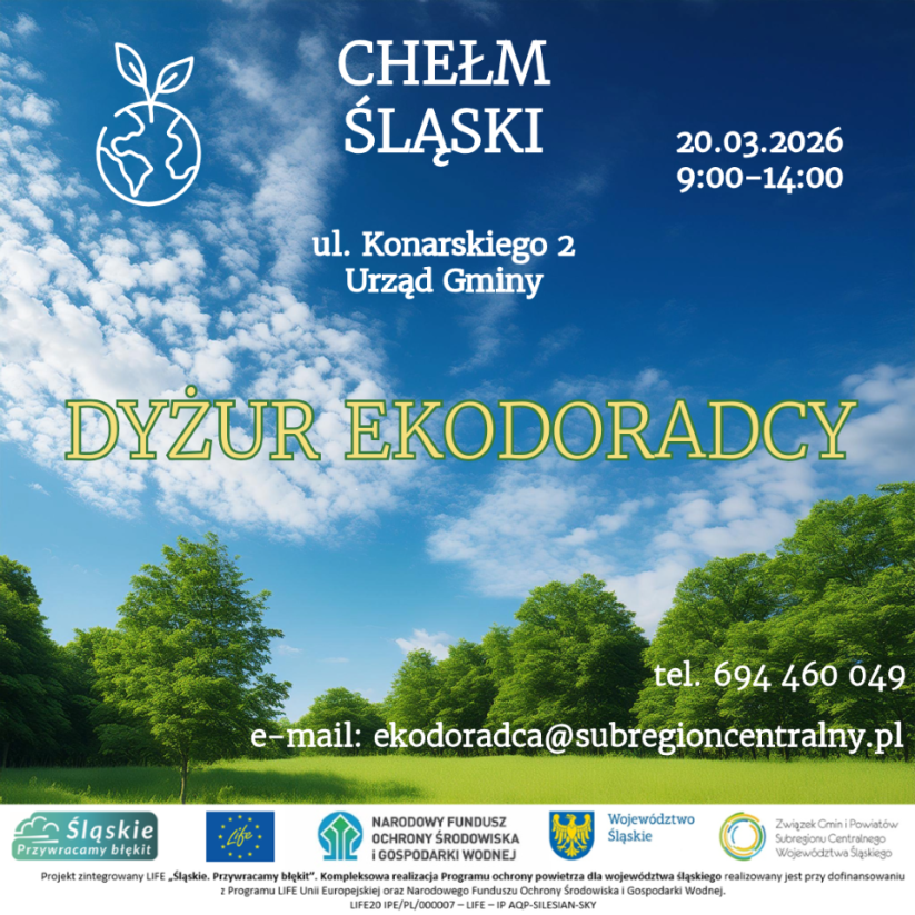 Plakat promujący wydarzenie - Ekodoradca . Tło plakatu stanowi piękna łąka i prawie bezchmurne niebo. 