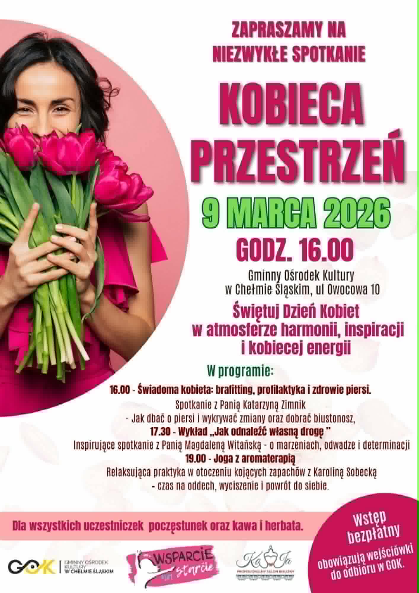Plakat informacyjny - na zdjęciu kobieta z bukietem tulipanów i opis. 